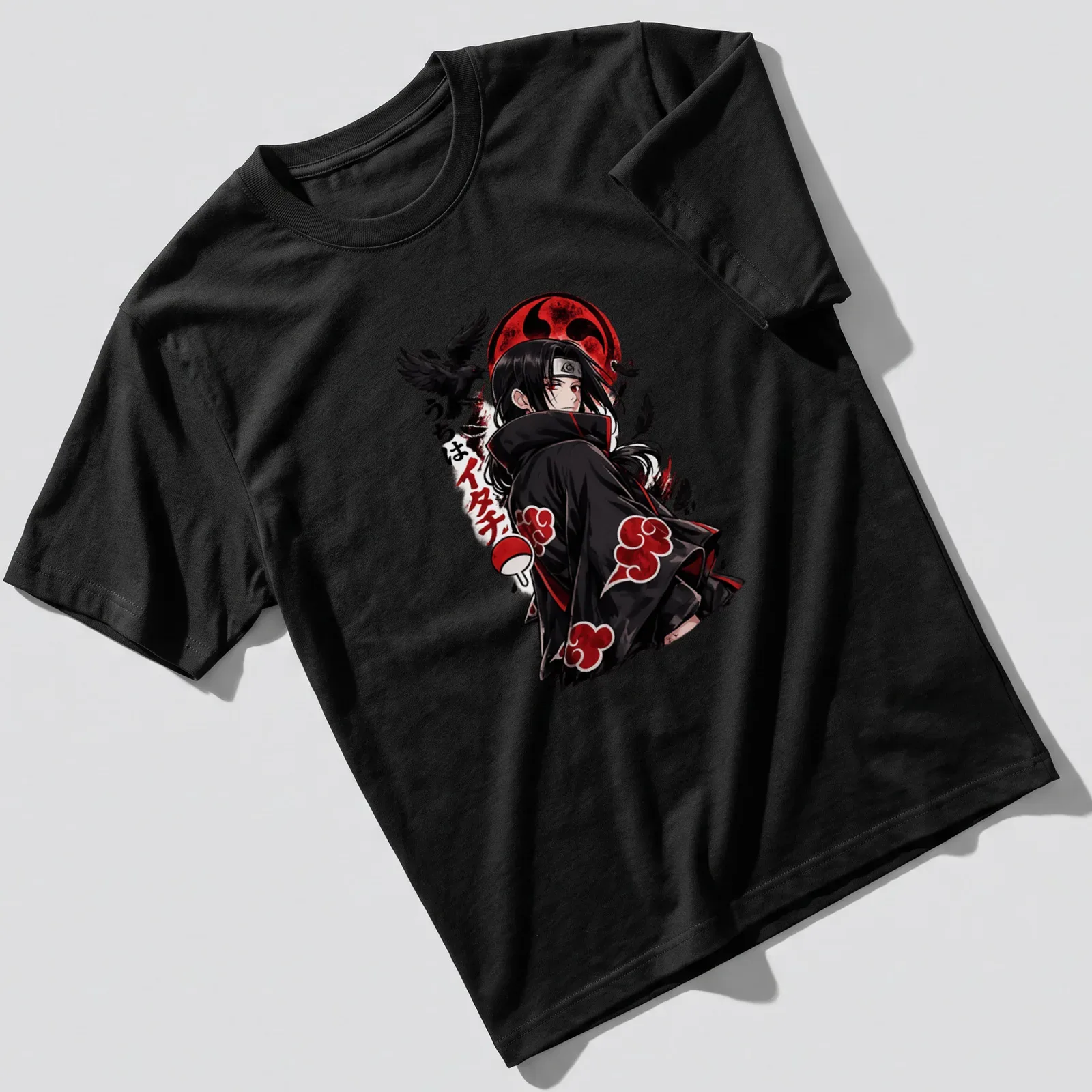 Illustration of Itachi Uchiha with red moon and crows in bold anime style. — printed on a unisex t-shirt