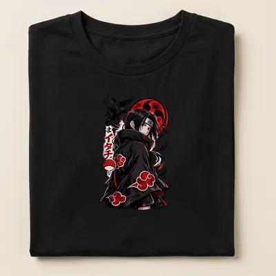 Illustration of Itachi Uchiha with red moon and crows in bold anime style. — printed on a women's shirt