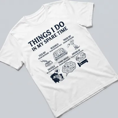 Illustrative T-shirt listing activities related to Italian Greyhounds in black, white, and grey.