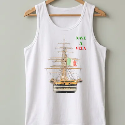 Realistic illustration of an Italian tall ship with sails, featuring the text 'NAVE A VELA' — printed on a tank top