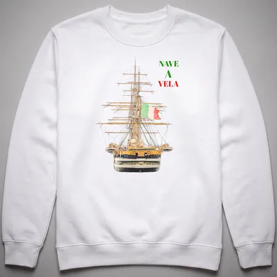 Realistic illustration of an Italian tall ship with sails, featuring the text 'NAVE A VELA' — printed on a unisex sweatshirt