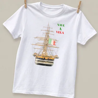 Realistic illustration of an Italian tall ship with sails, featuring the text 'NAVE A VELA'
