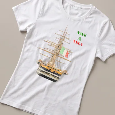 Realistic illustration of an Italian tall ship with sails, featuring the text 'NAVE A VELA' — printed on a women's shirt