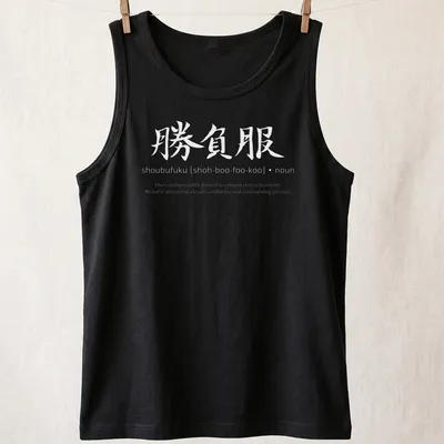 Japanese Kanji calligraphy Shoubufuku graphic on a black and white — printed on a tank top