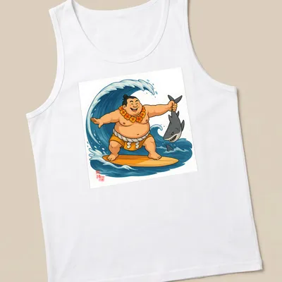 Cartoon sumo wrestler surfing on waves with a shark below in bright colors — printed on a tank top