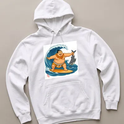 Cartoon sumo wrestler surfing on waves with a shark below in bright colors — printed on a unisex hoodie