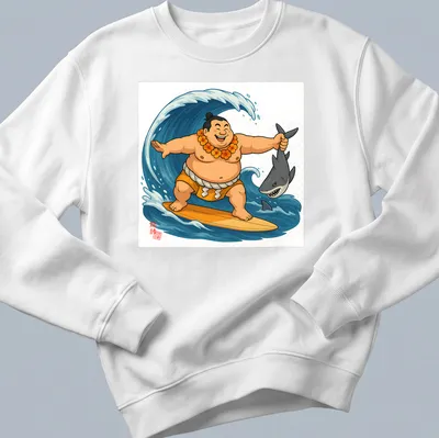 Cartoon sumo wrestler surfing on waves with a shark below in bright colors — printed on a unisex sweatshirt