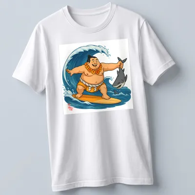 Cartoon sumo wrestler surfing on waves with a shark below in bright colors — printed on a unisex t-shirt