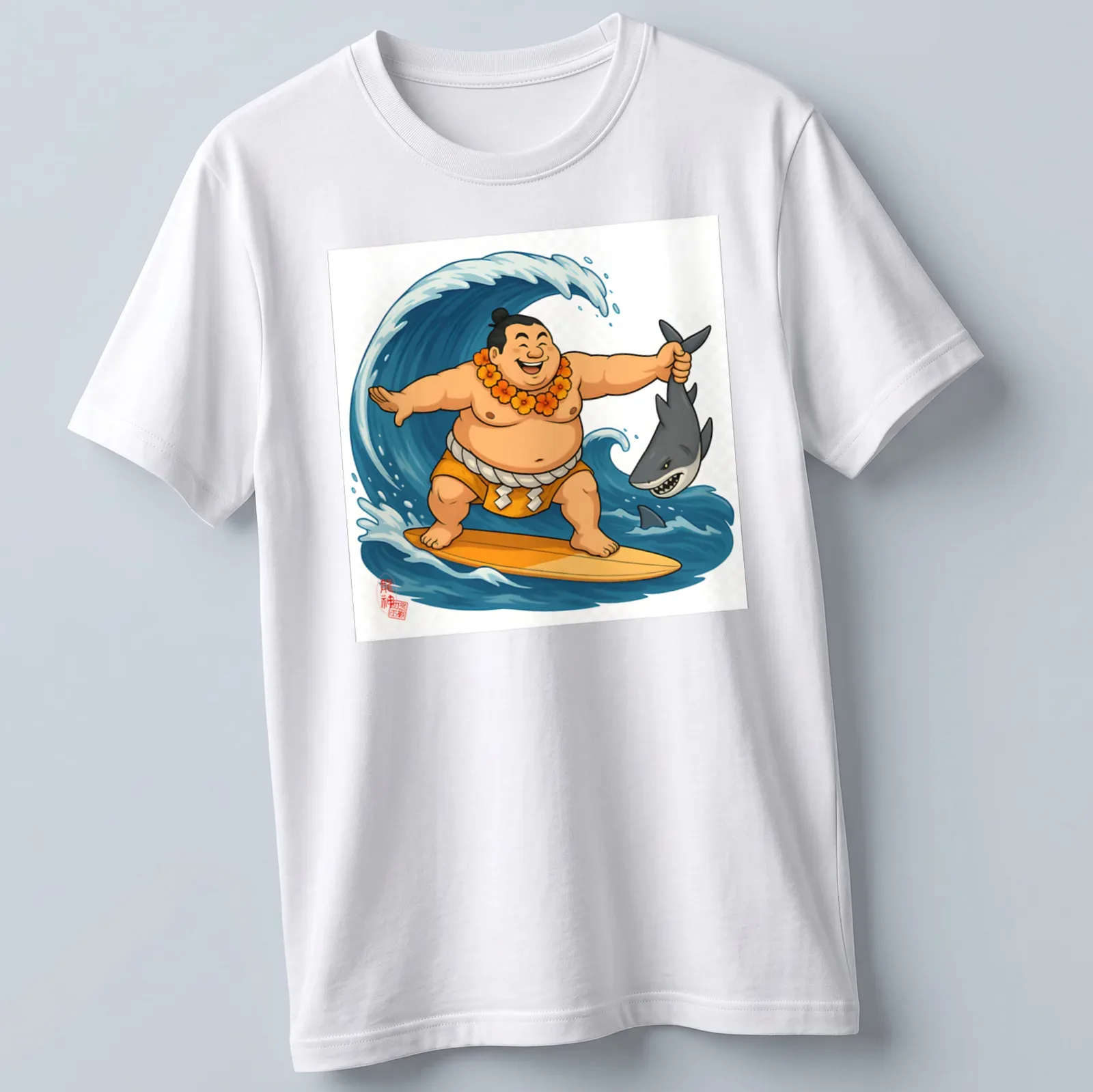 Cartoon sumo wrestler surfing on waves with a shark below in bright colors — printed on a unisex t-shirt