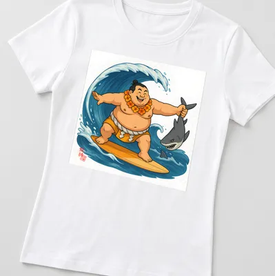 Cartoon sumo wrestler surfing on waves with a shark below in bright colors — printed on a women's shirt