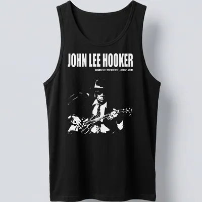 Vintage portrait of John Lee Hooker with text about his life dates in black, white, and gray. — printed on a tank top