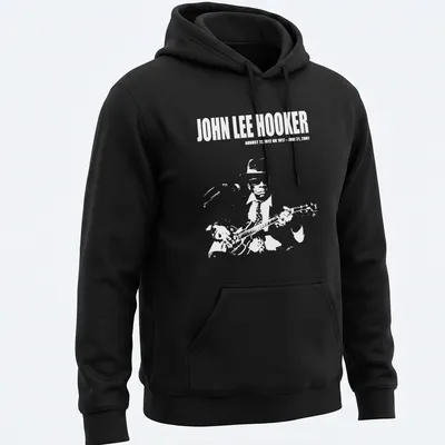 Vintage portrait of John Lee Hooker with text about his life dates in black, white, and gray. — printed on a unisex hoodie