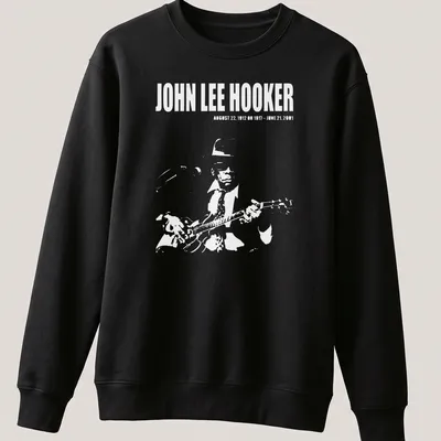 Vintage portrait of John Lee Hooker with text about his life dates in black, white, and gray. — printed on a unisex sweatshirt