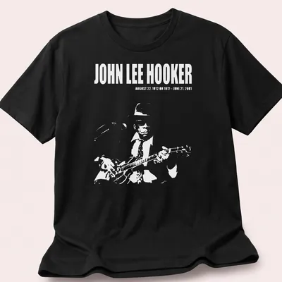 Vintage portrait of John Lee Hooker with text about his life dates in black, white, and gray.