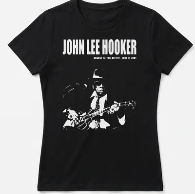 Vintage portrait of John Lee Hooker with text about his life dates in black, white, and gray. — printed on a women's shirt