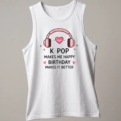 Cute cartoon K-Pop birthday t-shirt featuring headphones with a heart — printed on a tank top