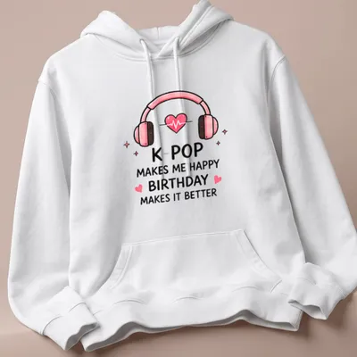Cute cartoon K-Pop birthday t-shirt featuring headphones with a heart — printed on a unisex hoodie