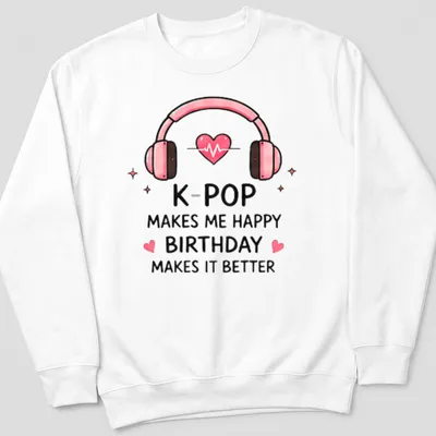 Cute cartoon K-Pop birthday t-shirt featuring headphones with a heart — printed on a unisex sweatshirt