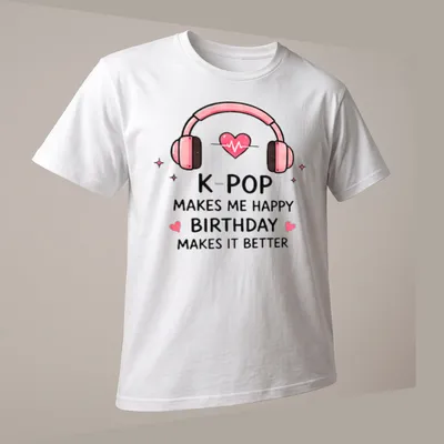 Cute cartoon K-Pop birthday t-shirt featuring headphones with a heart — printed on a unisex t-shirt (angled view)