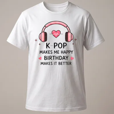 Cute cartoon K-Pop birthday t-shirt featuring headphones with a heart