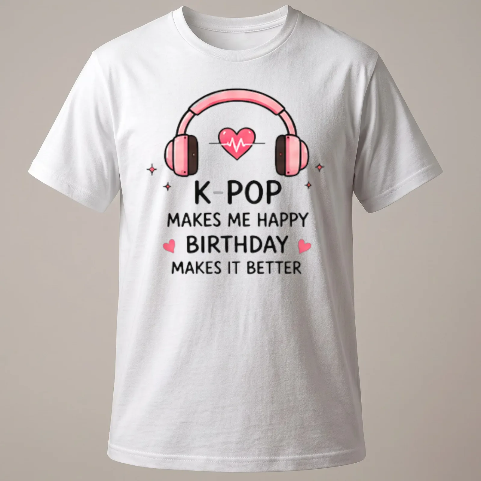 Cute cartoon K-Pop birthday t-shirt featuring headphones with a heart — printed on a unisex t-shirt
