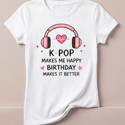 Cute cartoon K-Pop birthday t-shirt featuring headphones with a heart — printed on a women's shirt