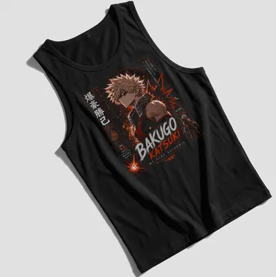 Anime-style t-shirt featuring Katsuki Bakugo with bold lettering and dynamic colors. — printed on a tank top
