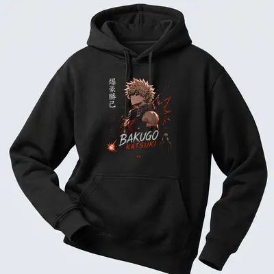 Anime-style t-shirt featuring Katsuki Bakugo with bold lettering and dynamic colors. — printed on a unisex hoodie
