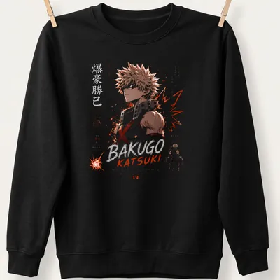 Anime-style t-shirt featuring Katsuki Bakugo with bold lettering and dynamic colors. — printed on a unisex sweatshirt
