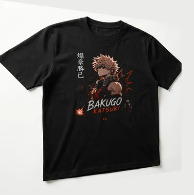 Anime-style t-shirt featuring Katsuki Bakugo with bold lettering and dynamic colors. — printed on a unisex t-shirt (angled view)