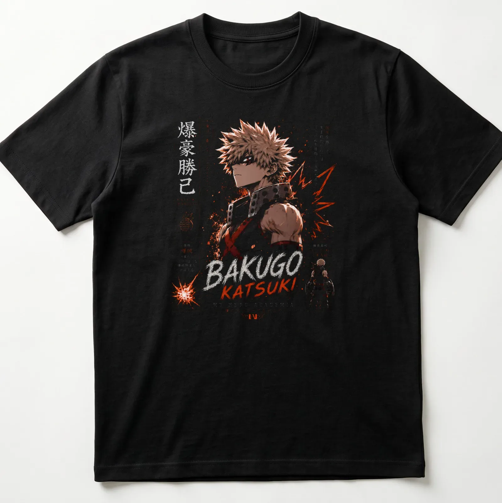 Anime-style t-shirt featuring Katsuki Bakugo with bold lettering and dynamic colors. — printed on a unisex t-shirt