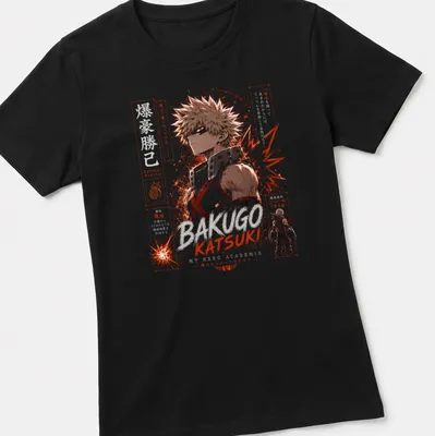 Anime-style t-shirt featuring Katsuki Bakugo with bold lettering and dynamic colors. — printed on a women's shirt