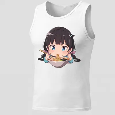 Kawaii chibi girl happily eating ramen noodles in pastel colors — printed on a tank top
