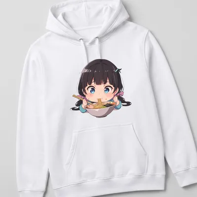 Kawaii chibi girl happily eating ramen noodles in pastel colors — printed on a unisex hoodie