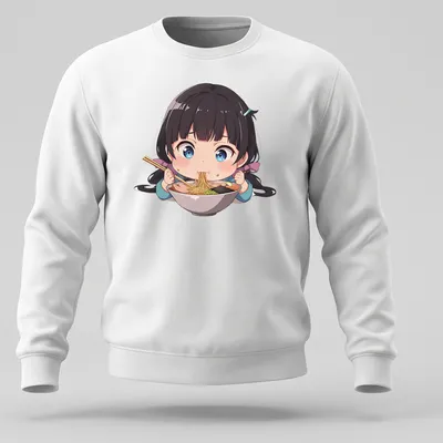Kawaii chibi girl happily eating ramen noodles in pastel colors — printed on a unisex sweatshirt