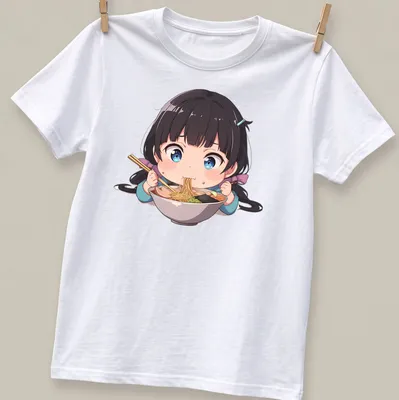 Kawaii chibi girl happily eating ramen noodles in pastel colors