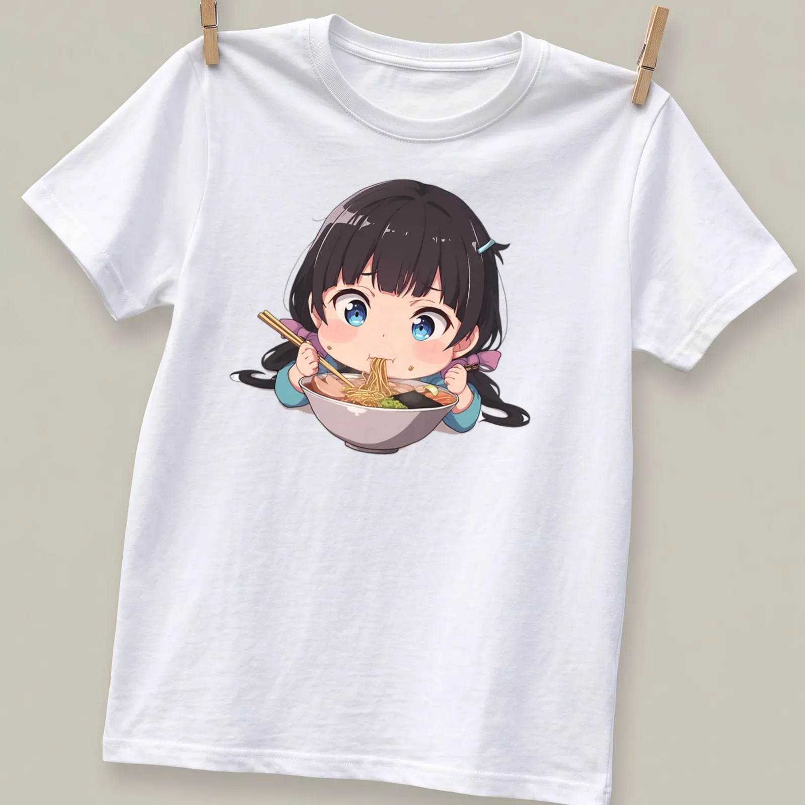 Kawaii chibi girl happily eating ramen noodles in pastel colors — printed on a unisex t-shirt