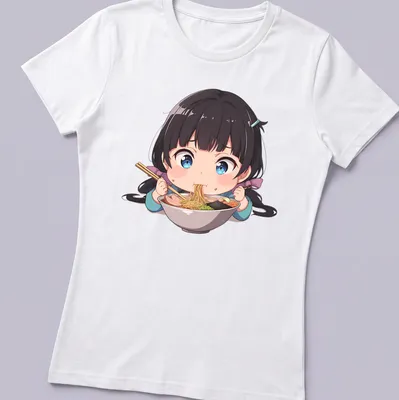 Kawaii chibi girl happily eating ramen noodles in pastel colors — printed on a women's shirt