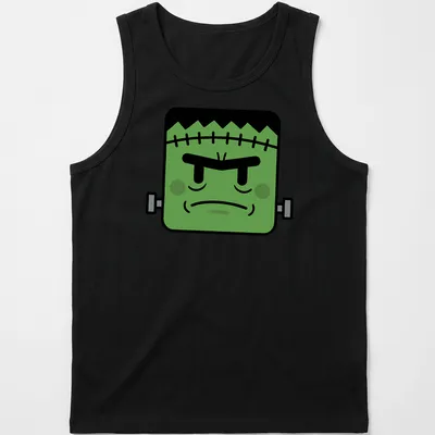 Kawaii style Frankenstein monster with a smile and playful colors — printed on a tank top