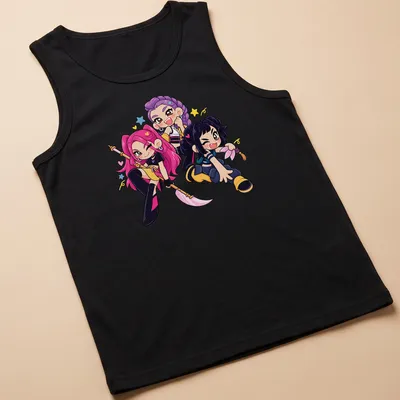 Kawaii K-Pop girls with colorful hair in pink, purple, and blue tones. — printed on a tank top