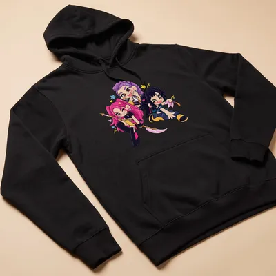 Kawaii K-Pop girls with colorful hair in pink, purple, and blue tones. — printed on a unisex hoodie