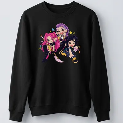 Kawaii K-Pop girls with colorful hair in pink, purple, and blue tones. — printed on a unisex sweatshirt