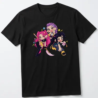 Kawaii K-Pop girls with colorful hair in pink, purple, and blue tones.