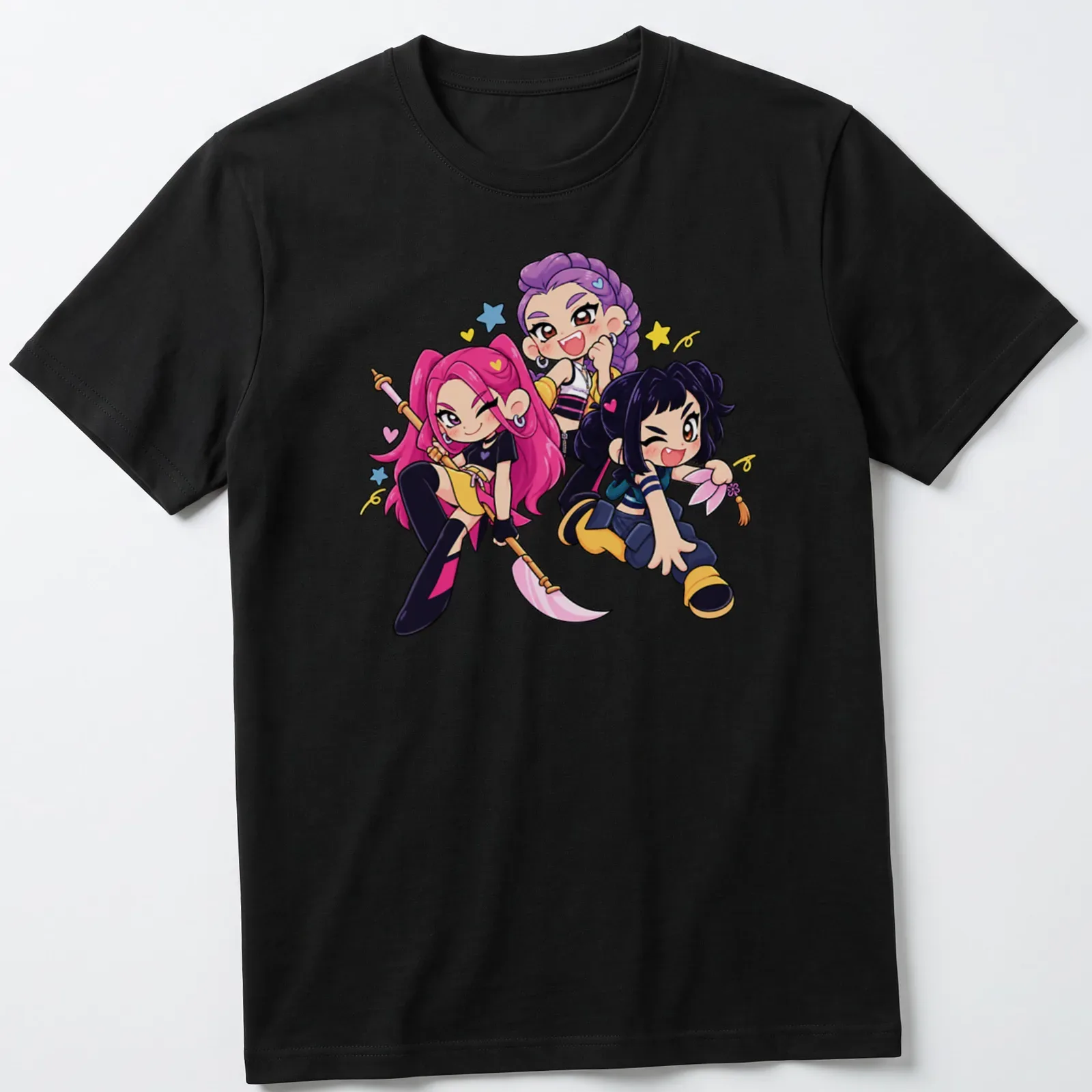 Kawaii K-Pop girls with colorful hair in pink, purple, and blue tones. — printed on a unisex t-shirt