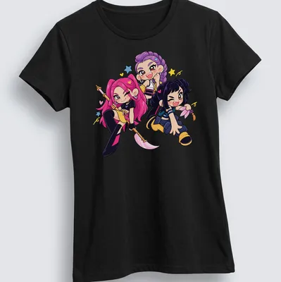 Kawaii K-Pop girls with colorful hair in pink, purple, and blue tones. — printed on a women's shirt