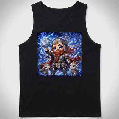Kawaii Thor graphic with lightning bolts and goats in cute style — printed on a tank top