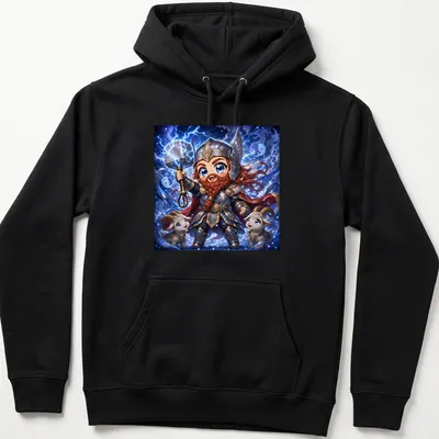 Kawaii Thor graphic with lightning bolts and goats in cute style — printed on a unisex hoodie