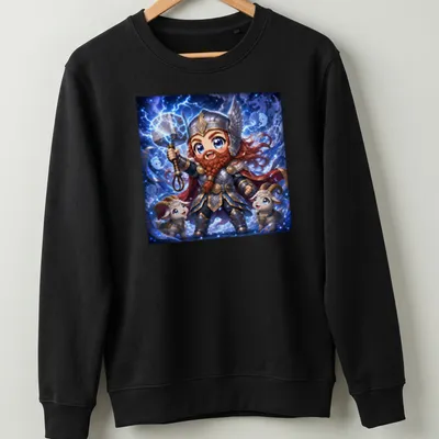 Kawaii Thor graphic with lightning bolts and goats in cute style — printed on a unisex sweatshirt