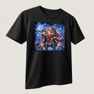 Kawaii Thor graphic with lightning bolts and goats in cute style — printed on a unisex t-shirt (angled view)