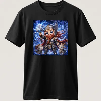 Kawaii Thor graphic with lightning bolts and goats in cute style